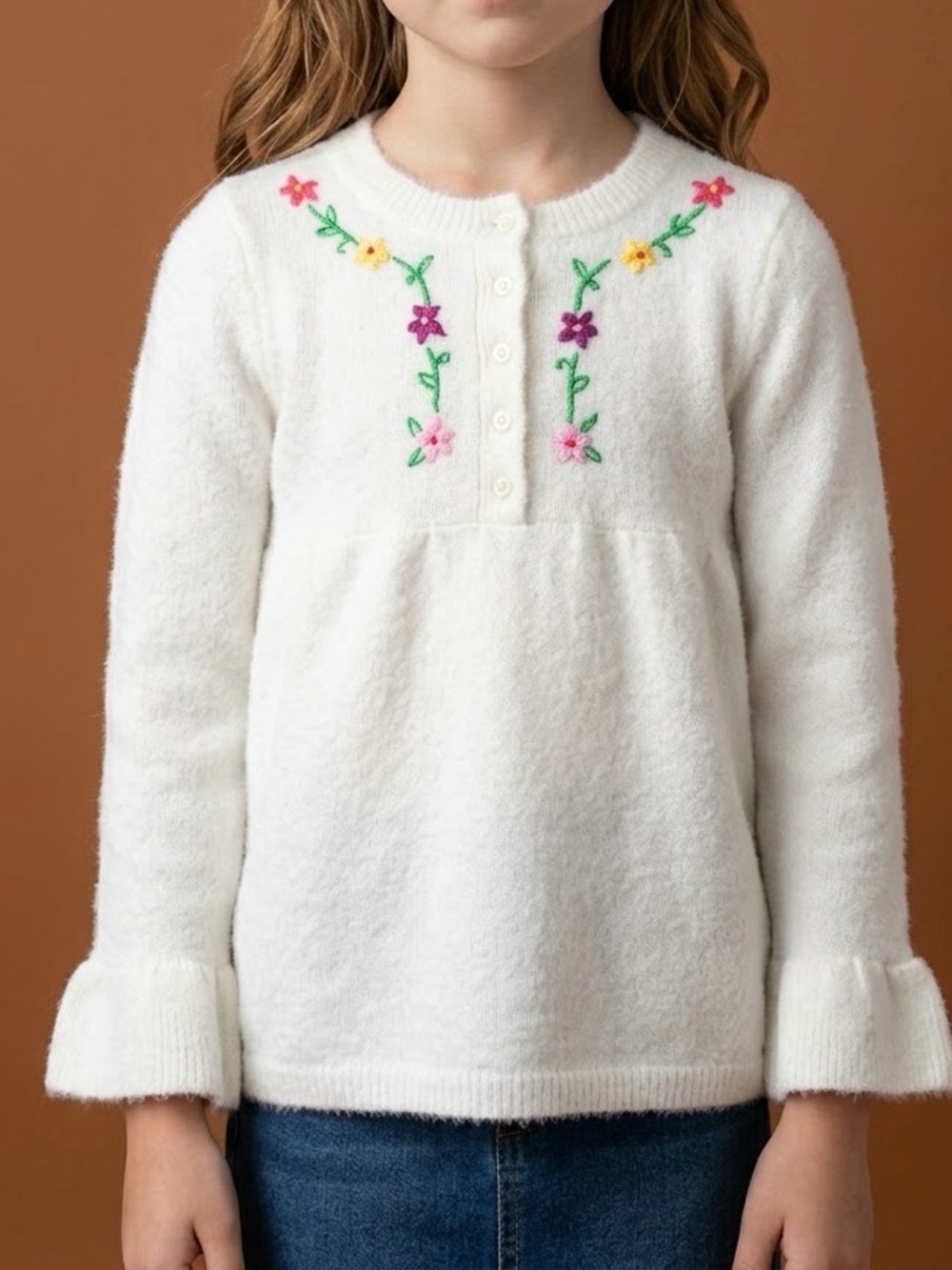 Vintage Y2K Sugar XX Embroidered Floral Henley Babydoll Knit Sweater Bell Sleeve